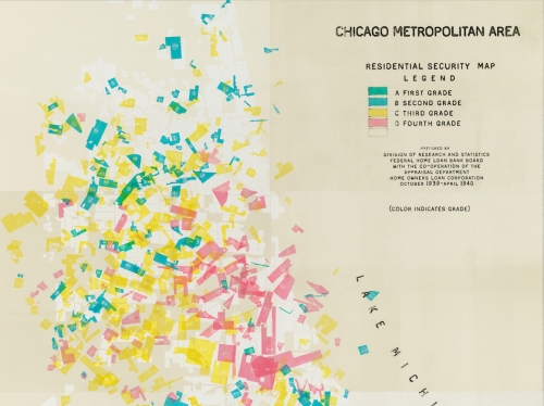 Map print of the Chicago area with neighborhoods in shown in red, yellow and green