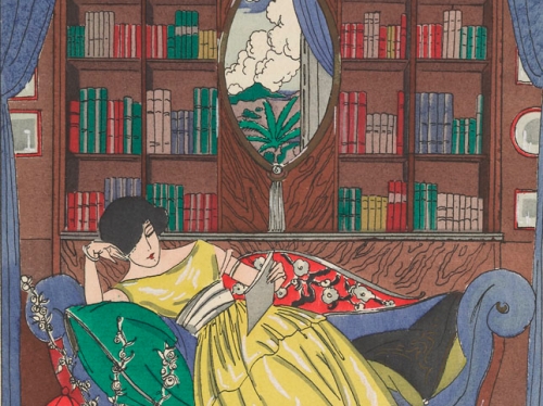 Illustration of a woman leaning on a couch reading a book. There is a wall of bookshelves behind her.