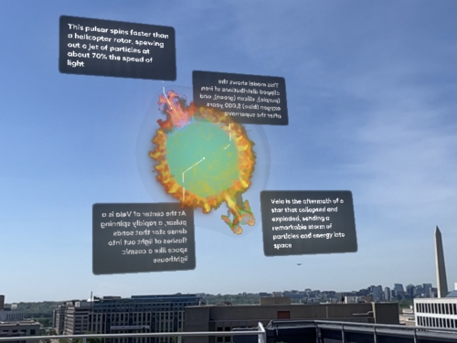 A 3d rendering of vela pulsar over the Washington DC skyline with text blocks surrounding it 