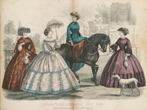 women in long hoop skirt dresses