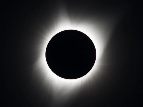 Against a black background is a total solar eclipse. In the middle is a black circle, the Moon, surrounded by white wispy light.