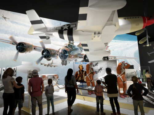 Rendering of crowd staring at exhibition with airplanes