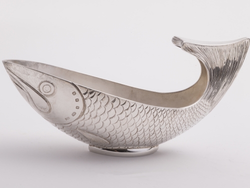 Silver bowl shaped like a fish