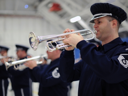 Air force band, cornet player in foreground