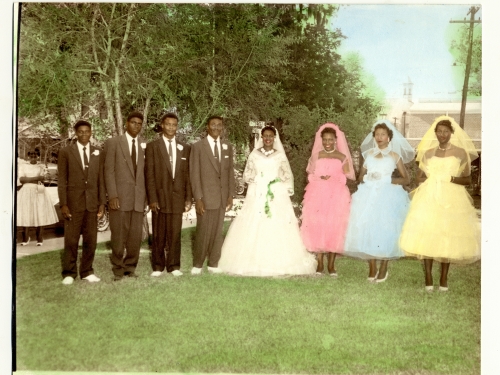 Hand tinted photo of wedding party
