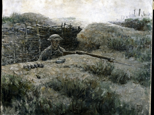 Painting of sentry in foxhole