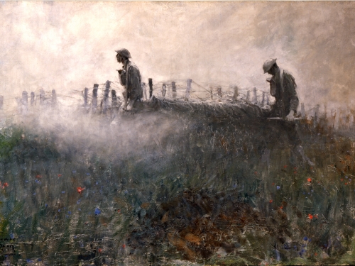 painting of soldiers crossing a field