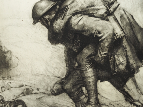 Charcoal drawing of one soldier carrying another