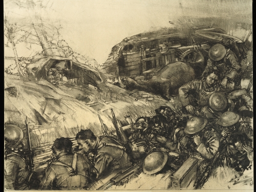 sketch of soldiers scrambling in trench