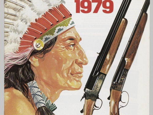 Gun advertisement featuring drawing of Indian in eagle headdress