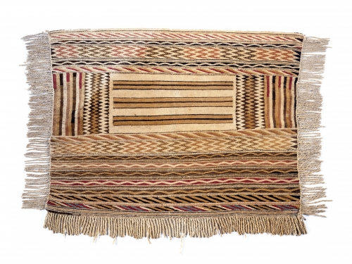 Picture of blanket with multiple, geometric patterns in earthy colors.