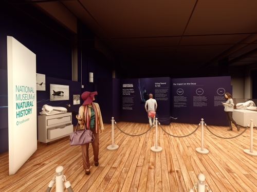 Rendering of people in a museum exhibit