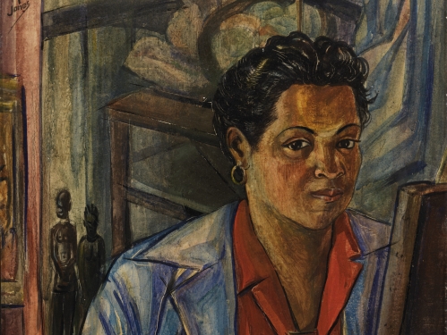 Painting of woman with black, short, curly hair in a red top and blue jacket sitting in front of an easel with paintbrushes near