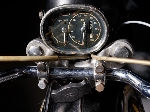Close-up image of circular dial with numbers indicating speed on a motorcycle.