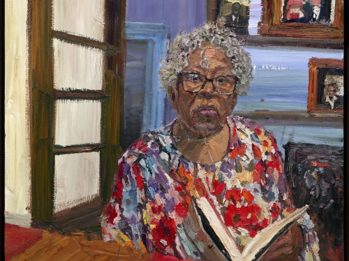Paining of older Black woman reading a book at a table with red tablecloth