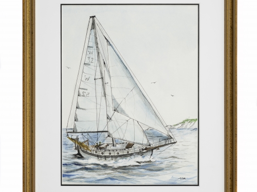 Watercolor painting of sailboat with large, white mast over light blue water.