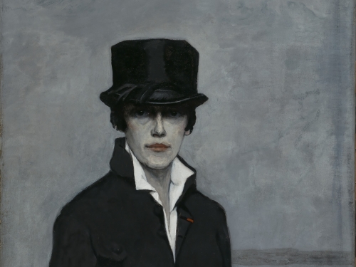 Painting in dark grays and blues, woman wearing black jacket and top hat with white button-up shirt underneath looks forward.
