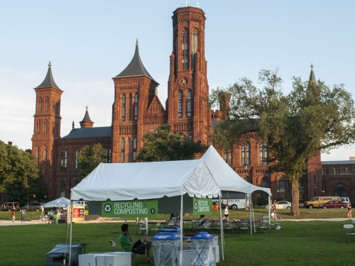 recycling tent on the mall with castle in the background