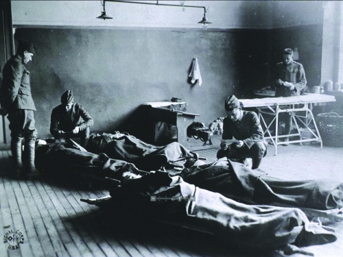 Black and white photo of field hospital