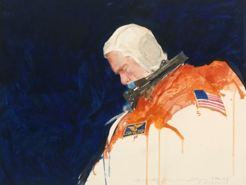 Impressionistic painting of John Glenn in orange flight gear