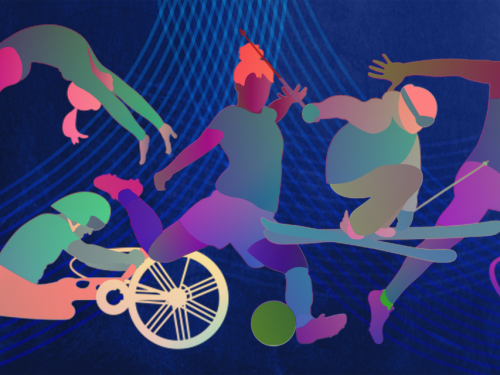 Computer graphic with dark blue background and colored silhouettes of athletes in various positions.