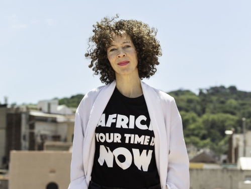 Ngaire Blankenberg wearing a shirt that reads "Africa your time is now"