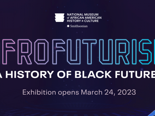 Purple graphic with text: Afrofuturism, A History of Black Futures