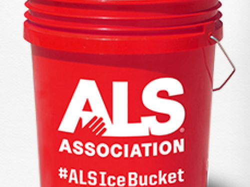 Red bucket full of ice with ALS logo and hashtag