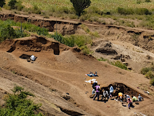 Expansive outdoor area with 10 people seen excavating a dirt hole