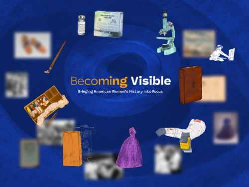 Graphic with blue background, title in center, and various smaller objects including purple dress, microscope, and journal.