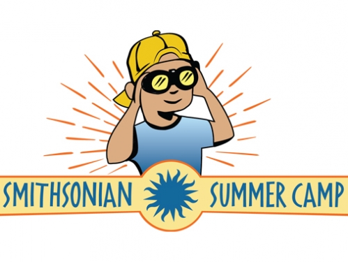 Graphic of young child holding up binoculars with Smithsonian Summer Camp wording.