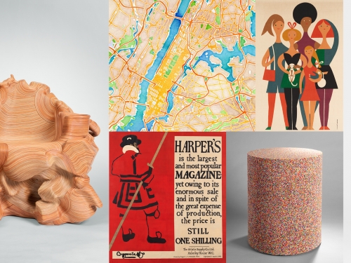 Multiple images of various objects including a wooden chair, green floor lamp, map of New York City, granite side table.