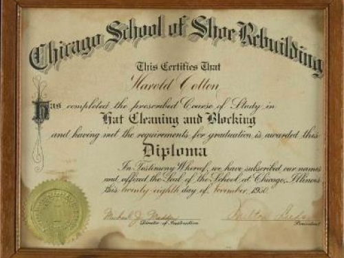 Harold Cotton's certificate from School of Shoe Rebuilding