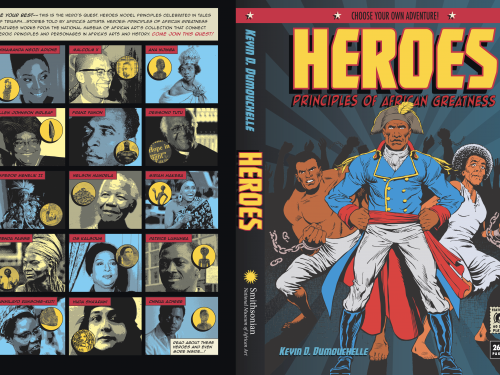 Cover of comic-style catalog book for Heroes exhiition