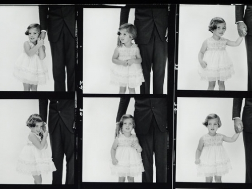 Cropped contact sheet showing young Caroline Kennedy at her father's side