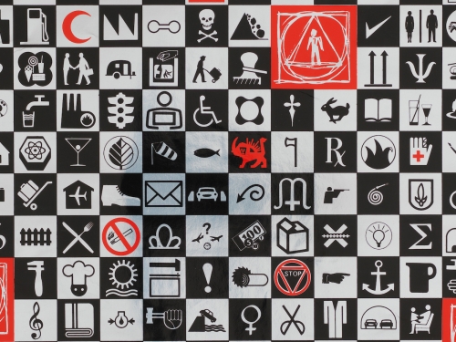 Illustration of various symbols in black, white and red