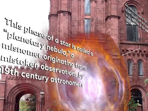 Tall, red brick building and green grass in background of graphic projection of starry nebula and floating text.