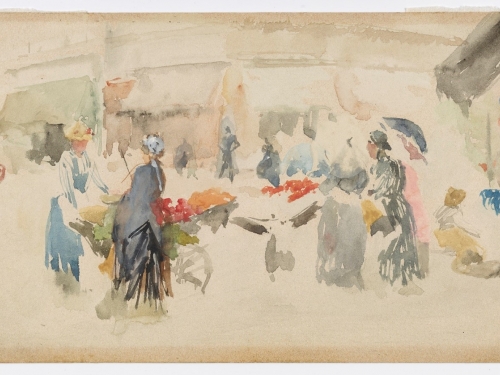 Impressionist watercolor by James McNeill Whistler: "Flower market: Dieppe," 