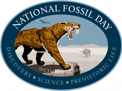 Logo for fossil day featuring sabre-toothed tiger