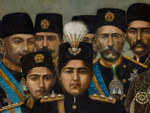 detail of portrait of Persian shah with cabinet