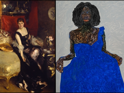 Image of two paintings side by side, woman on left wears a black dress in dark room and woman on right wears blue dress.