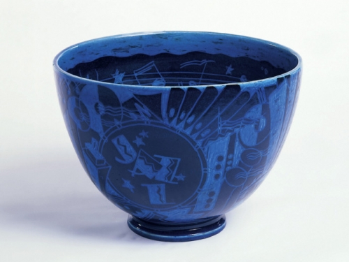 Cobalt blue bowl with black design