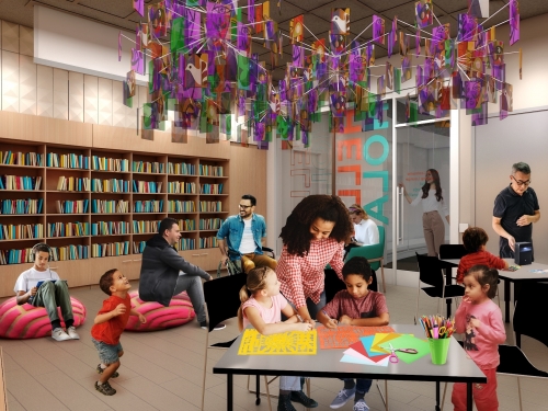 Rendering of the GM Learning Lounge with people enjoying crafting activities