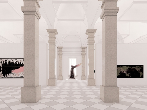 Empty, grand room with pillars and two pieces of art in the background