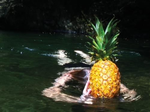 woman swimming with pineapple 