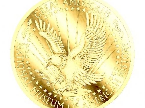 artists rendering of gold medal with eagle on it