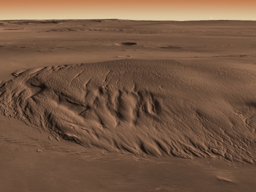 Computer-generated image of the dusty, hilly surface of Mars.