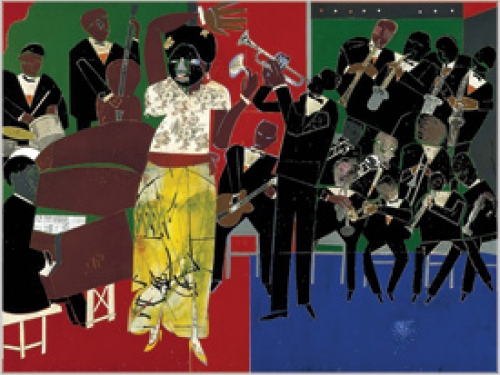 painting of black musicians by Romare Bearden