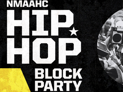 Bold graphic illustration with text reading "NMAAHC Hip-Hop Block Party"