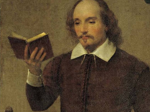 cropped painting of shakespeare holding a book